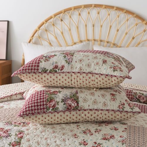 Neutral Floral & Cream Cotton Pieced Quilt Set, Queen Size with 2 Shams K92709