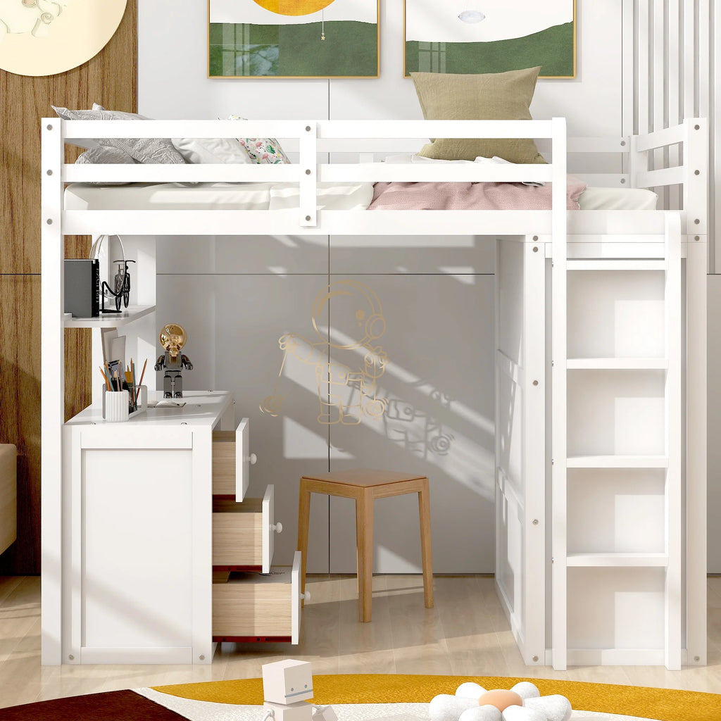 White Twin Size Wooden Loft Bed with Drawers, Desk, Wardrobe, Ladder & Safety Rails X465286