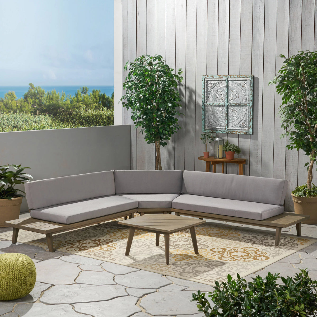 4 Piece Acacia Wood Sectional Sofa Set with Cushions, Grey E6430