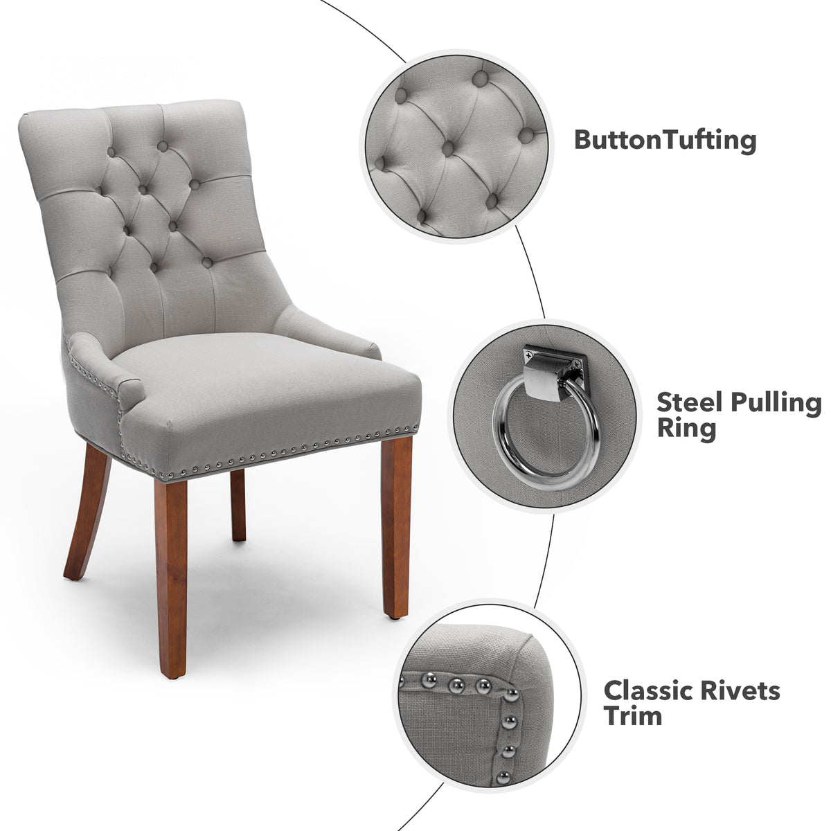 Linen Upholstered Dining Chairs Set of 2 with Solid Wood Legs, Light Gray H115