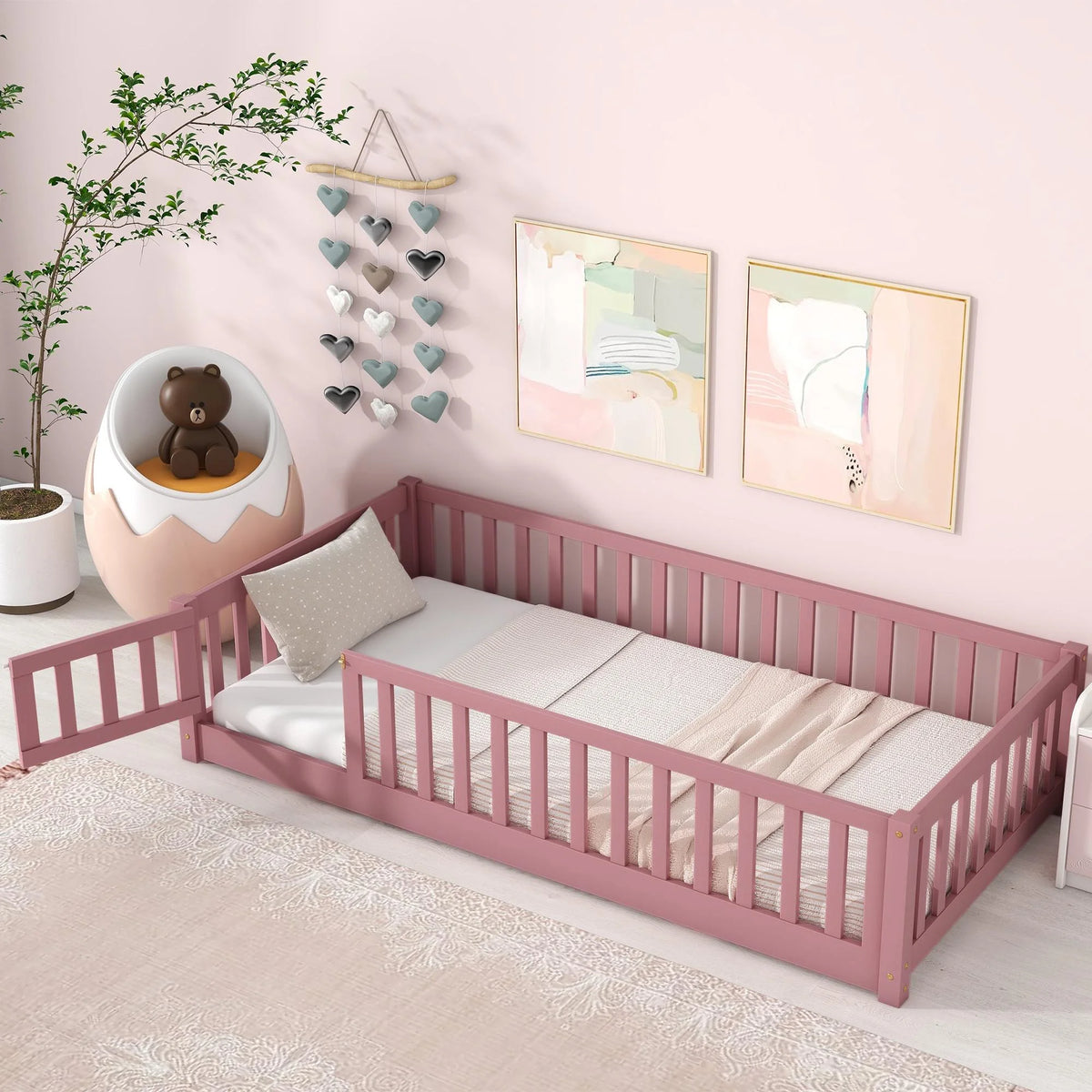 White Twin Size Wood Floor Bed with Fence Railings C360715