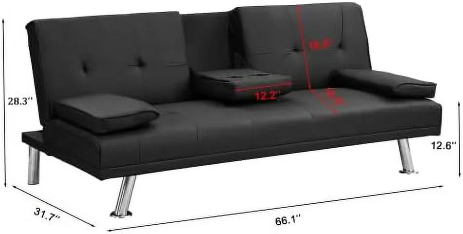 Convertible Folding Futon Sofa Bed with Metal Legs & 2 Cupholders V960