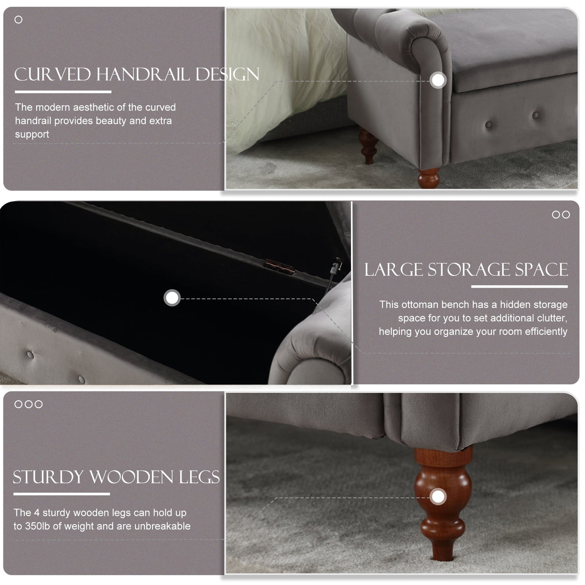 Gray Velvet Upholstered Storage Bench with Arms R675757