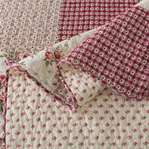 Neutral Floral & Cream Cotton Pieced Quilt Set, Queen Size with 2 Shams K92709