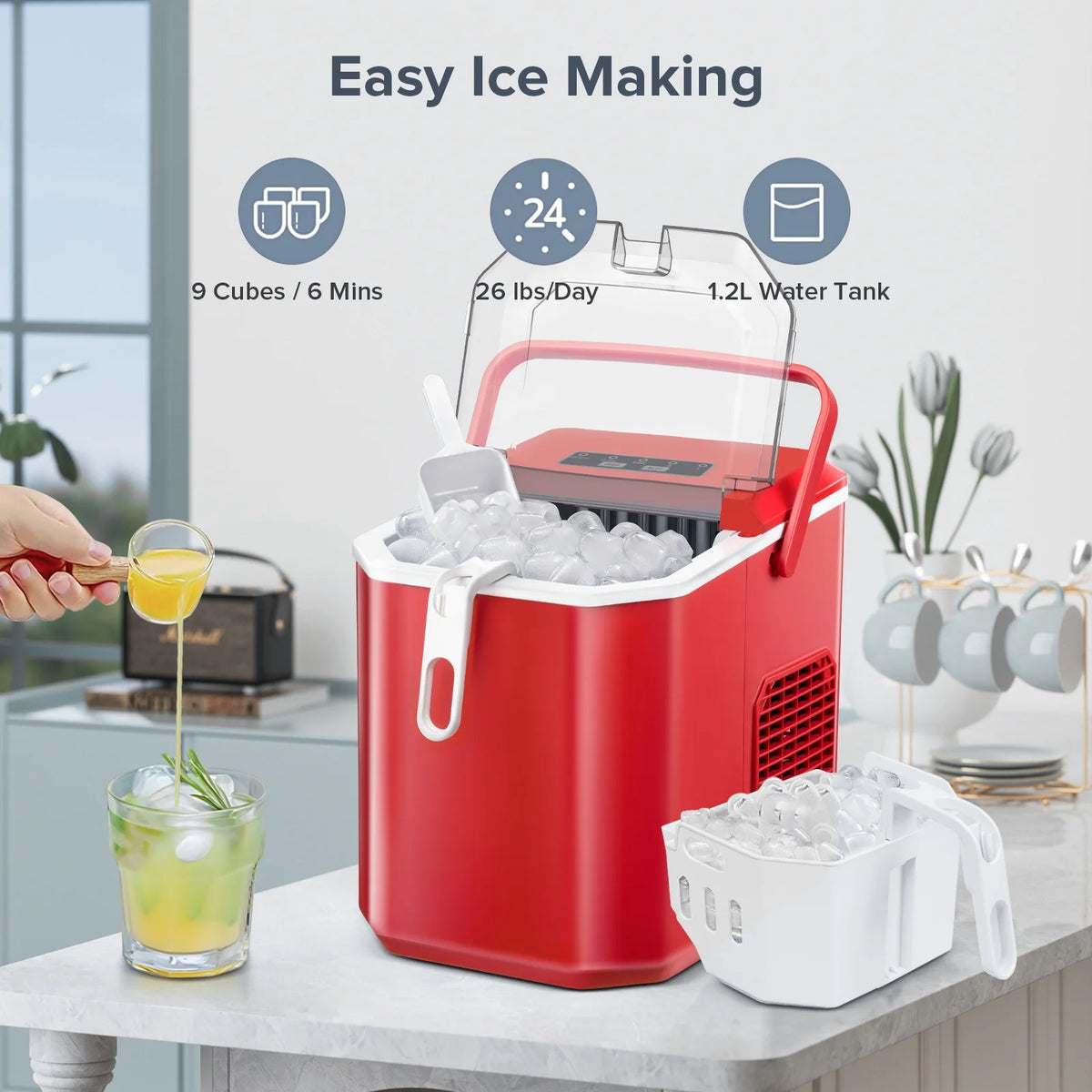 Countertop Portable Ice Maker Machine with Handle and Ice Scoop, Red P578773