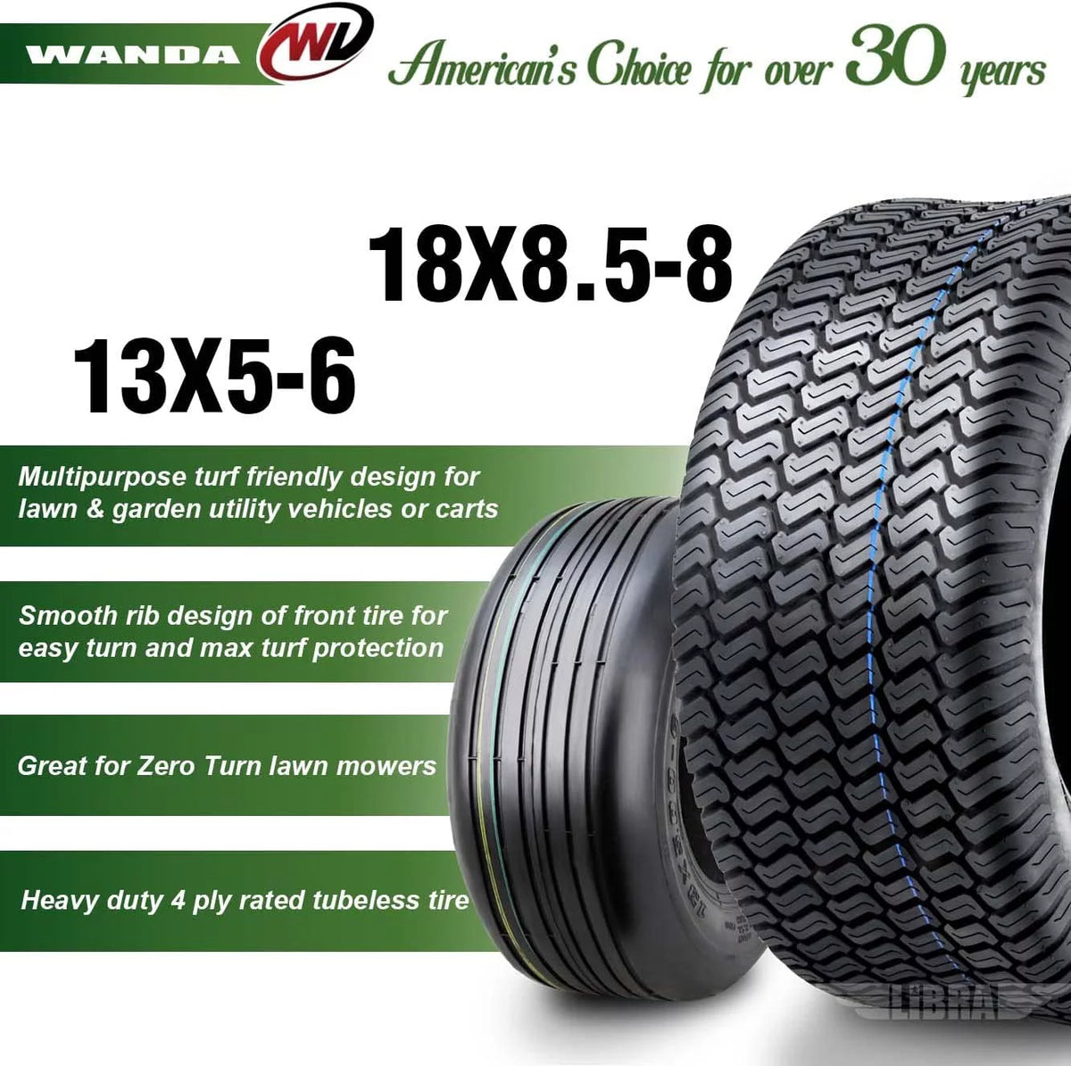 4 Set 13x5-6 Front & 18X8.5-8 Rear Lawn Mower Tires V42549