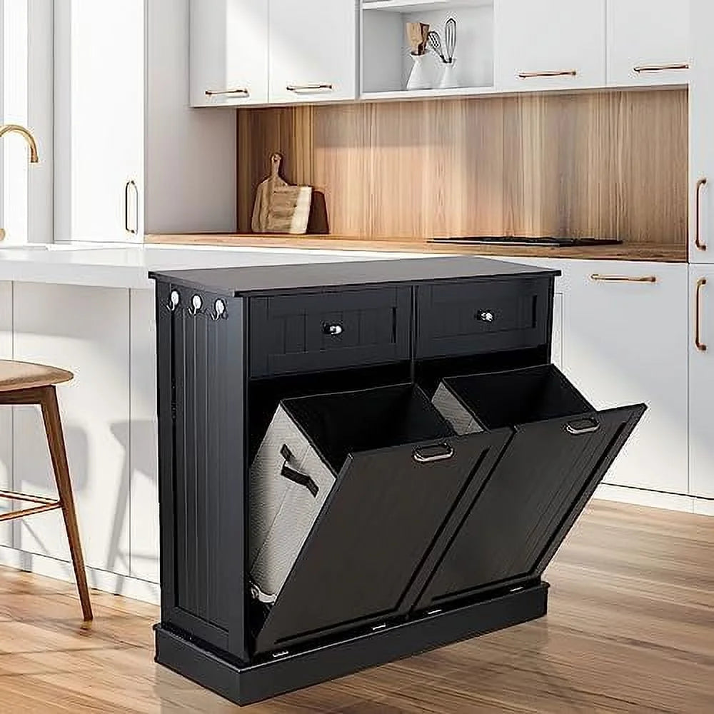 Double Tilt Out Trash Cabinet Laundry Hamper with Drawer 20 Gallon Black N27801