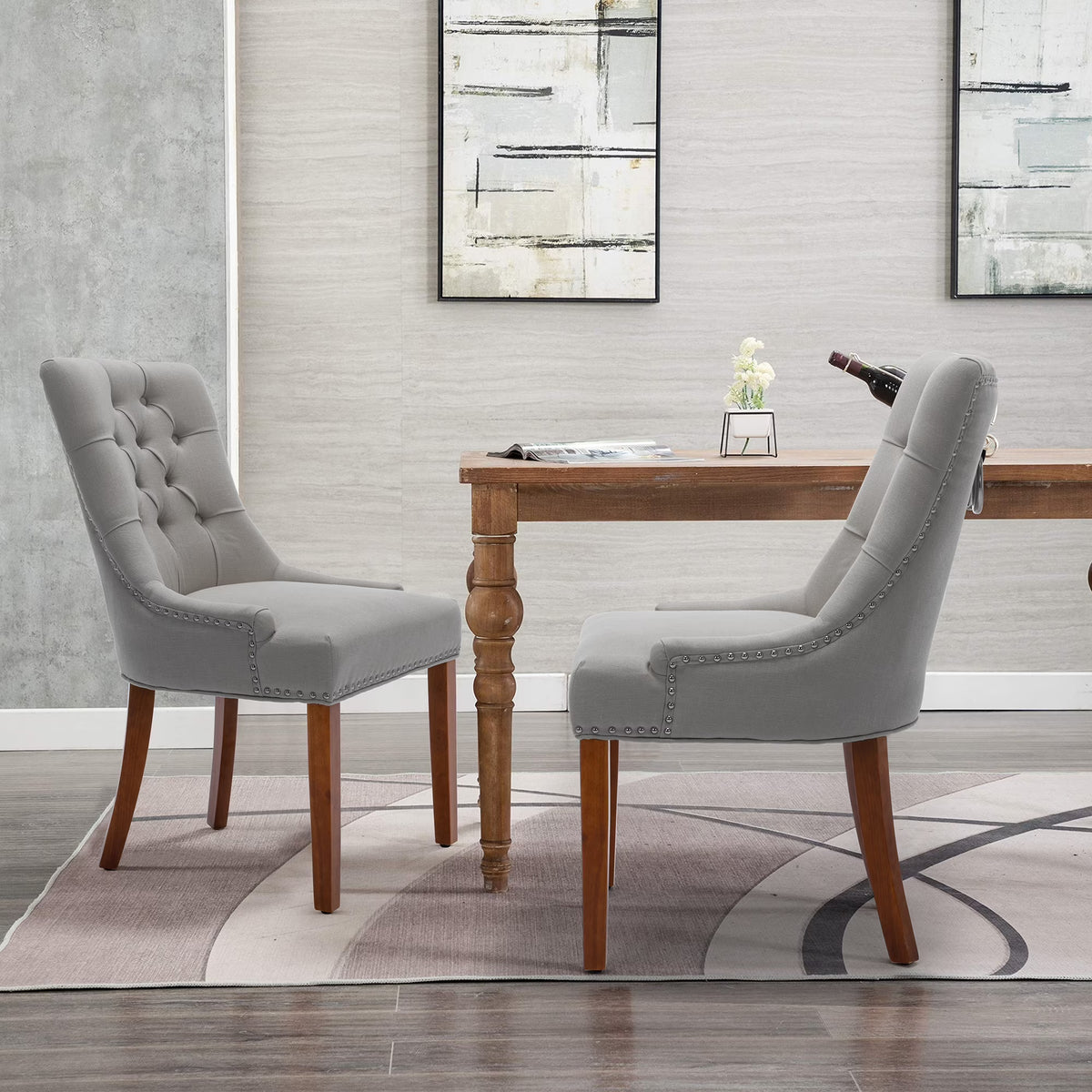 Linen Upholstered Dining Chairs Set of 2 with Solid Wood Legs, Light Gray H115