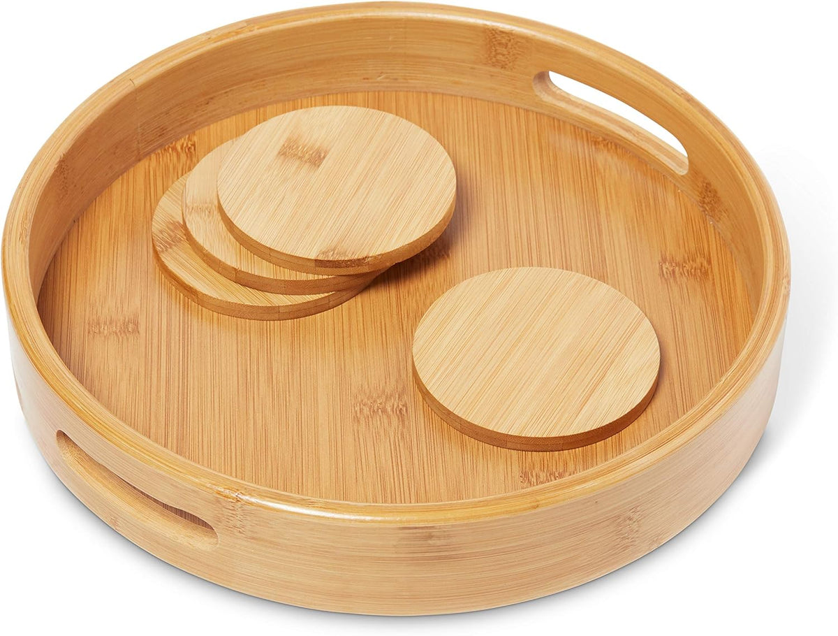Round Wooden Ottoman Tray 12 Inches Natural Serving Tray with Handles H59024