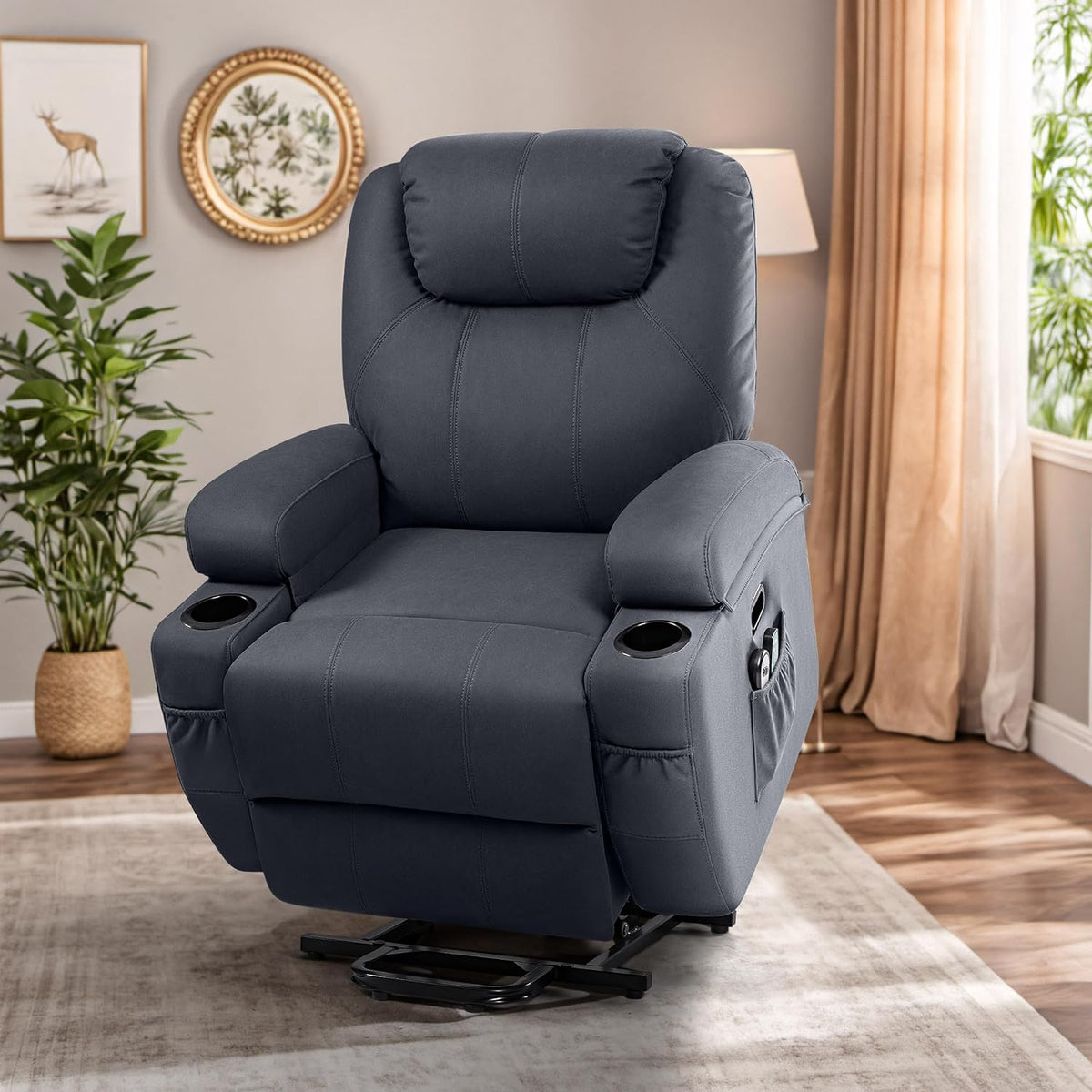 Blue Fabric Power Lift Recliner Chair with Massage and Heat S883