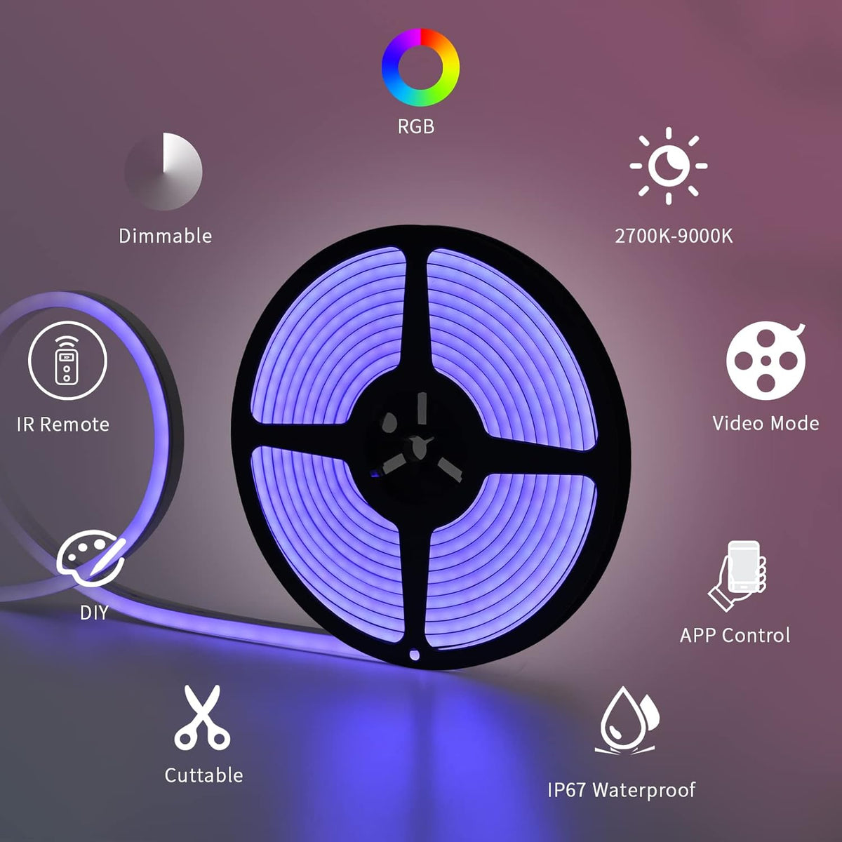 16.4ft RGB LED Strip Lights with Smart App Control, IP67 Waterproof Dimmable Silicone Light Strip Y95469