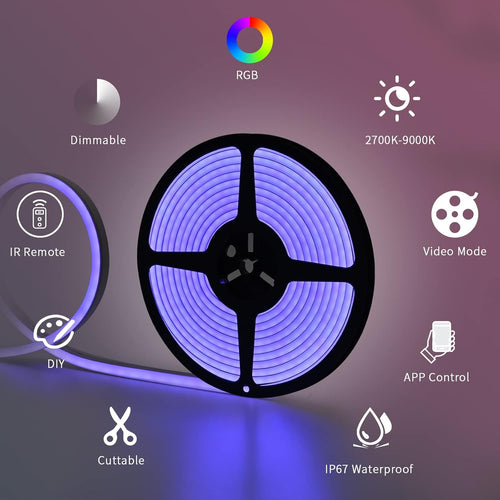 16.4ft RGB LED Strip Lights with Smart App Control, IP67 Waterproof Dimmable Silicone Light Strip Y95469