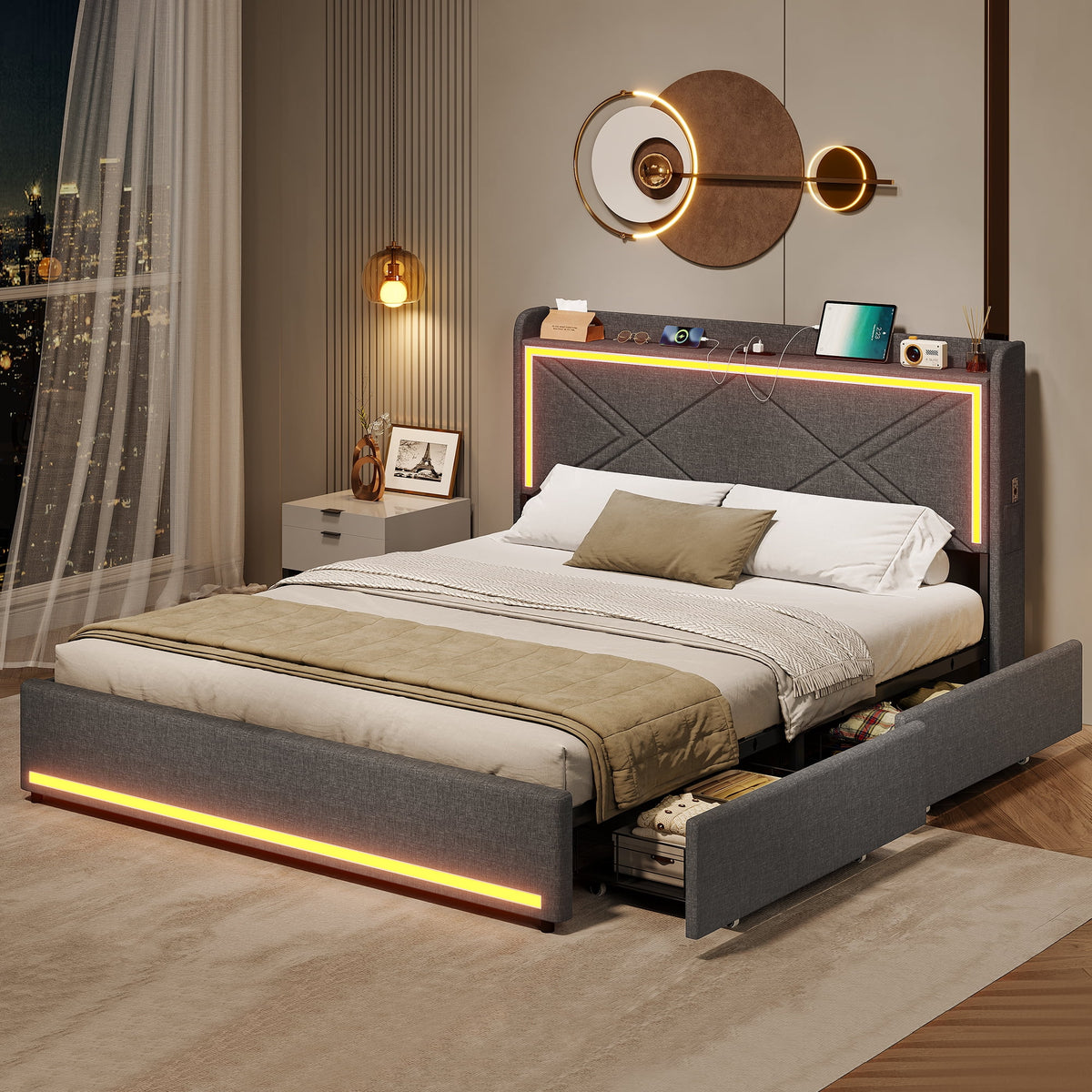 Queen Bed Frame with LED Lights Headboard and Charging Station, Upholstered Platform Bed with Storage Drawers, Dark Gray O735343