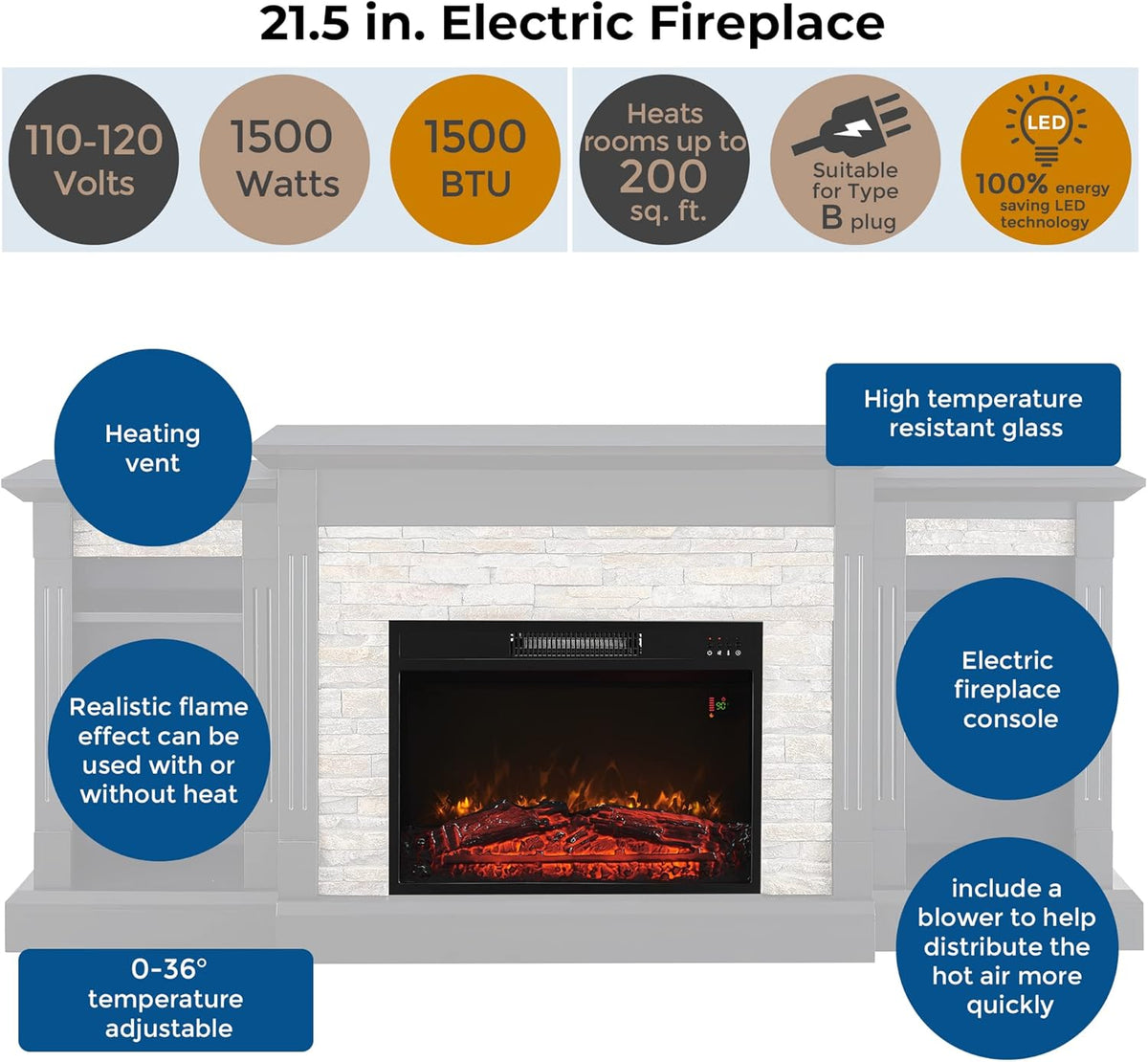 Electric Fireplace Mantel Freestanding Media Stand with 3 Cabinet Bookcase Shelf and Remote Control P3362