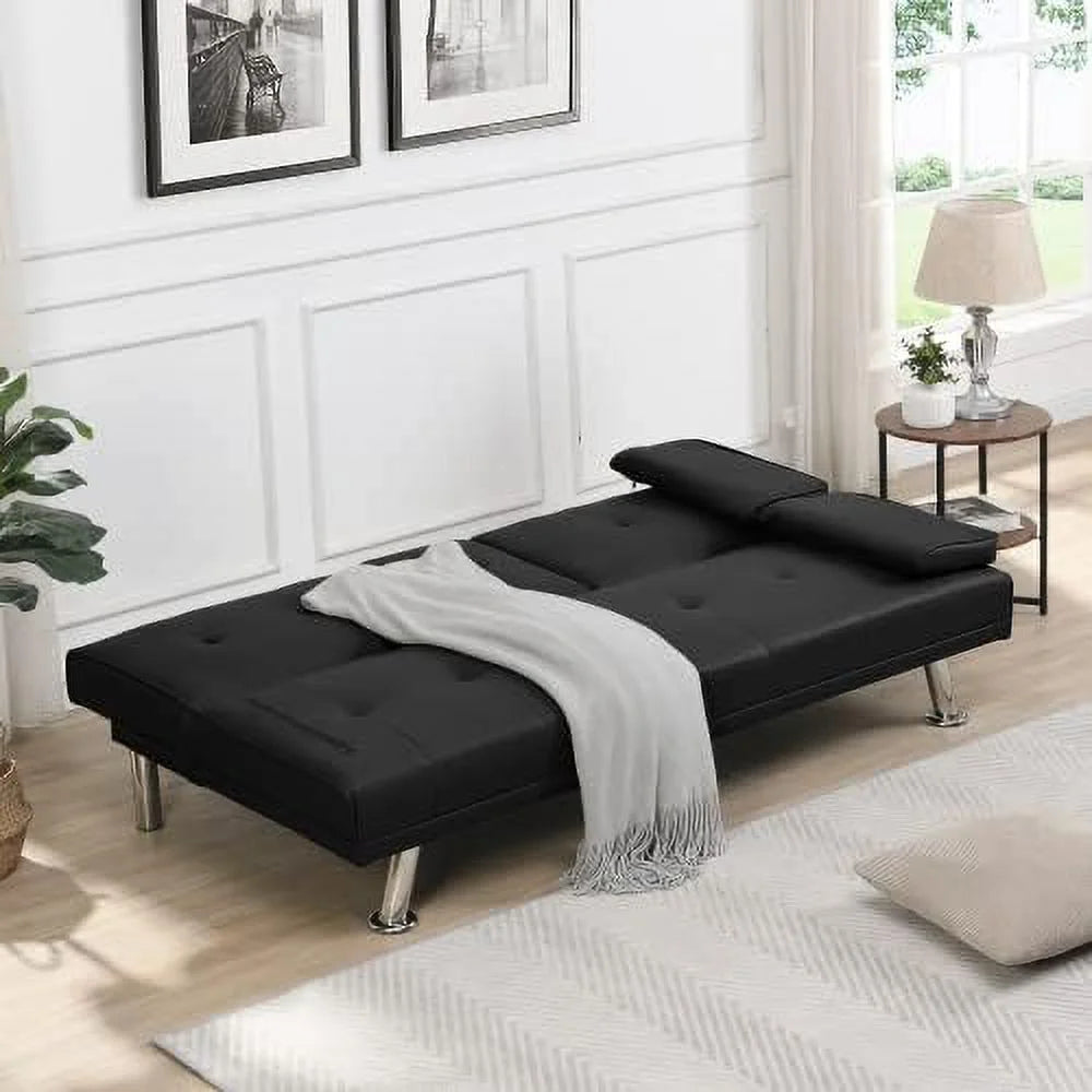Convertible Folding Futon Sofa Bed with Metal Legs & 2 Cupholders V960