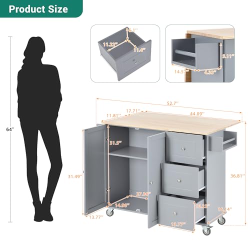 Grey Blue 52.7 Inch Kitchen Island with Drop Leaf D7202