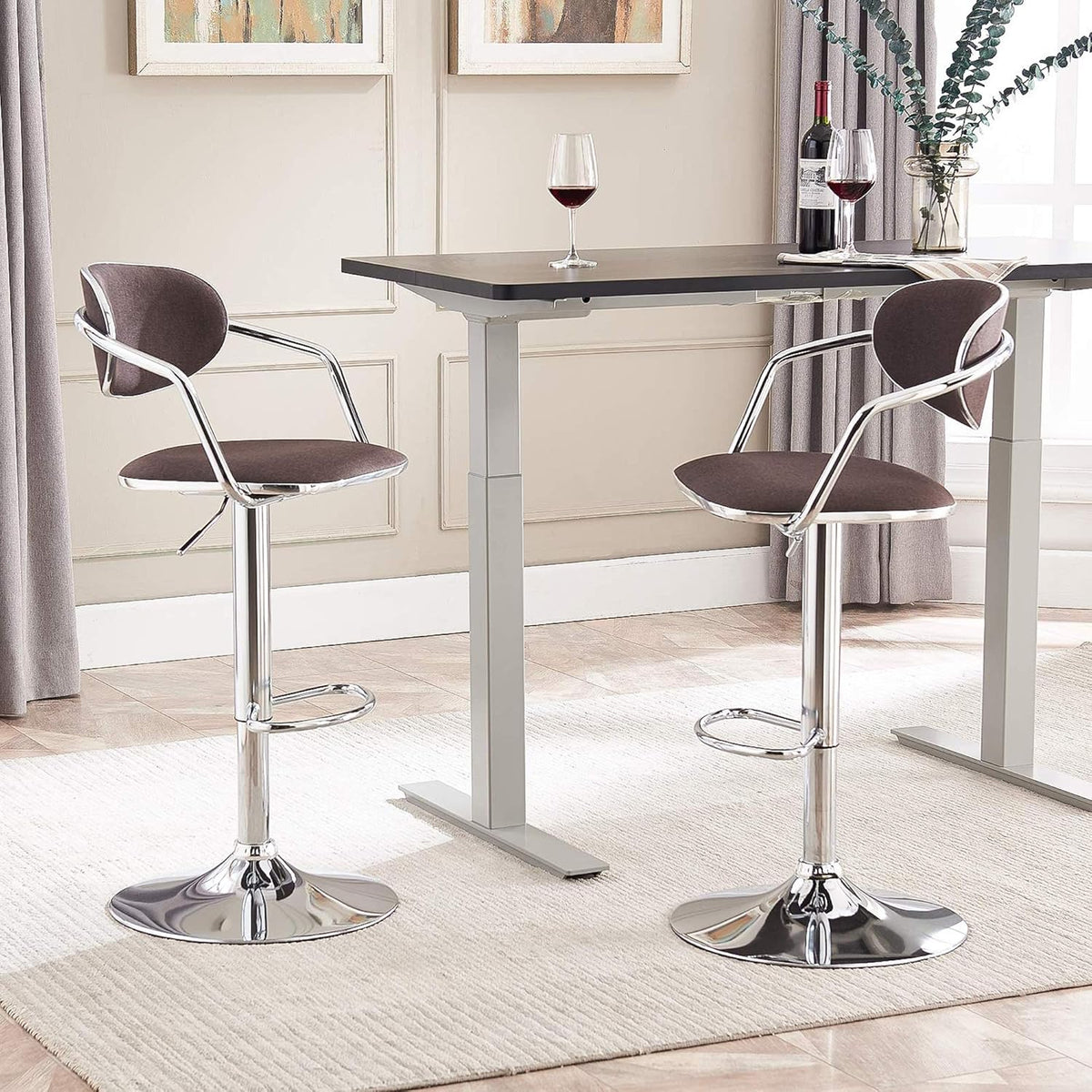 Bar Stools Set of 2, Counter Height, Fabric, Swivel Metal, Light Brown K3862