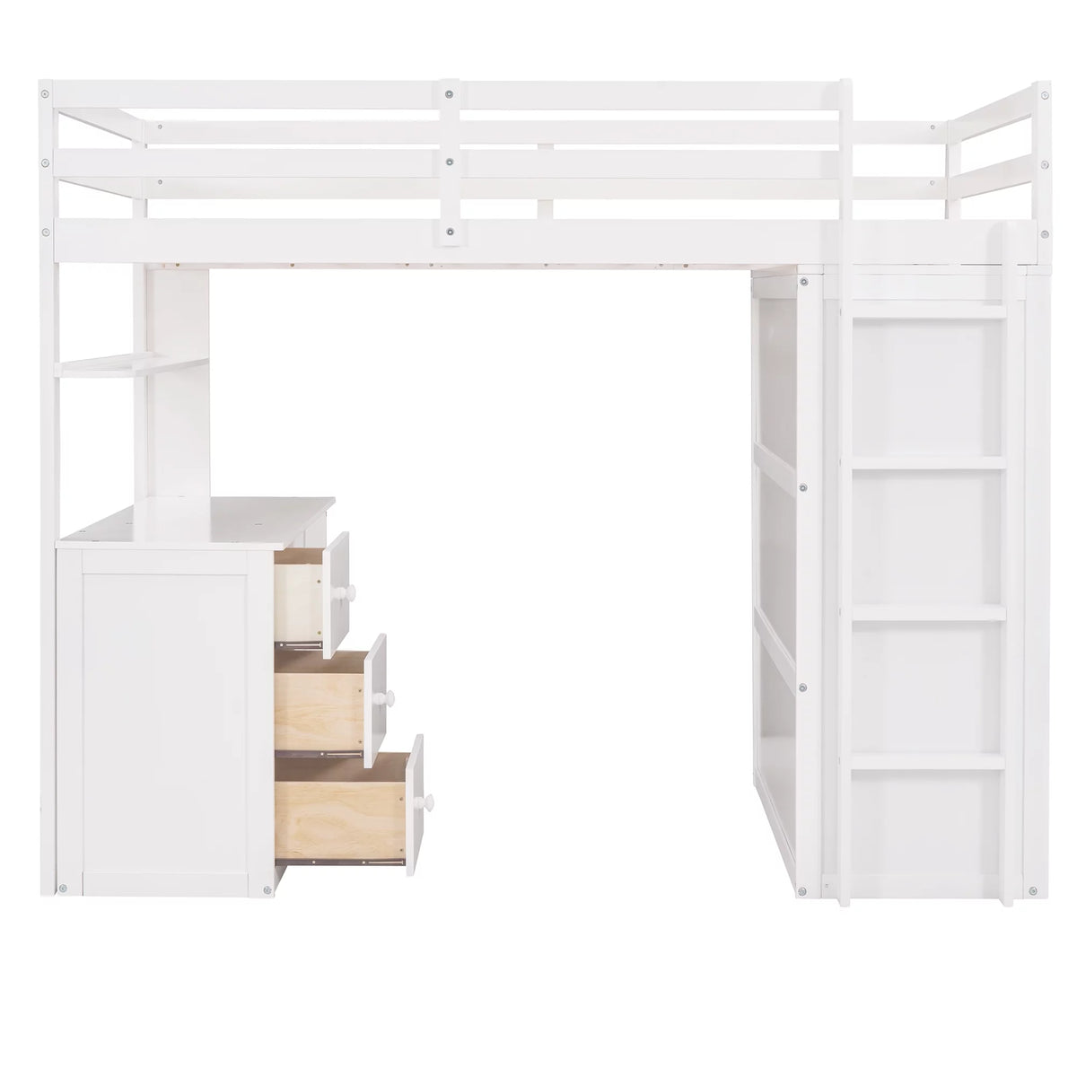 White Twin Size Wooden Loft Bed with Drawers, Desk, Wardrobe, Ladder & Safety Rails X465286