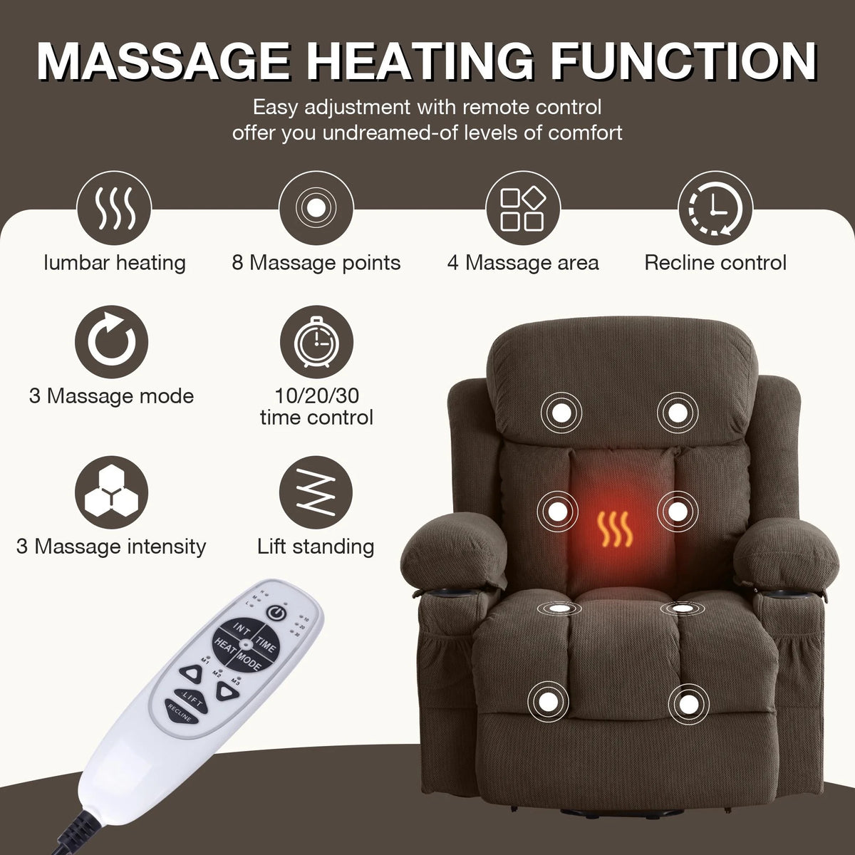Brown PU Leather Power Lift Recliner Chair with Massage and Heating S638179