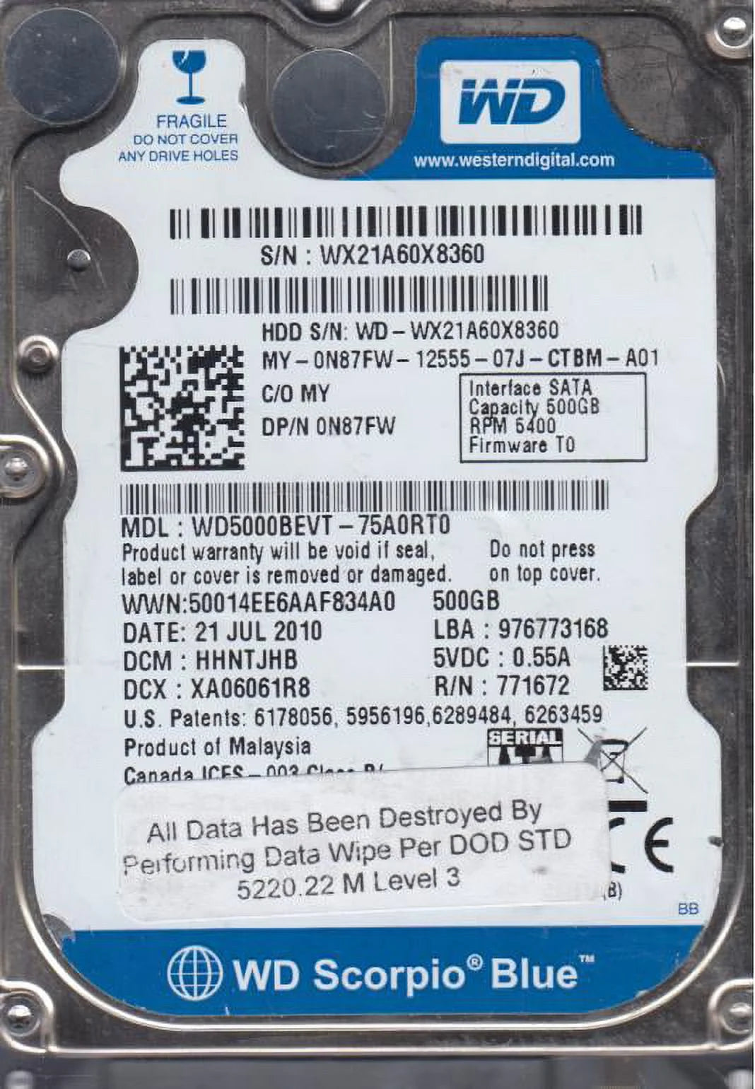 500GB SATA 2.5 Hard Drive G77858