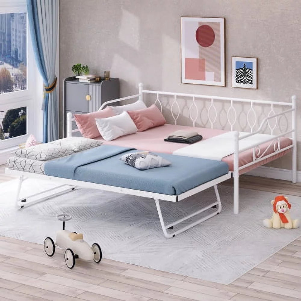 Full Size White Metal Daybed with Twin Size Adjustable Trundle C687911