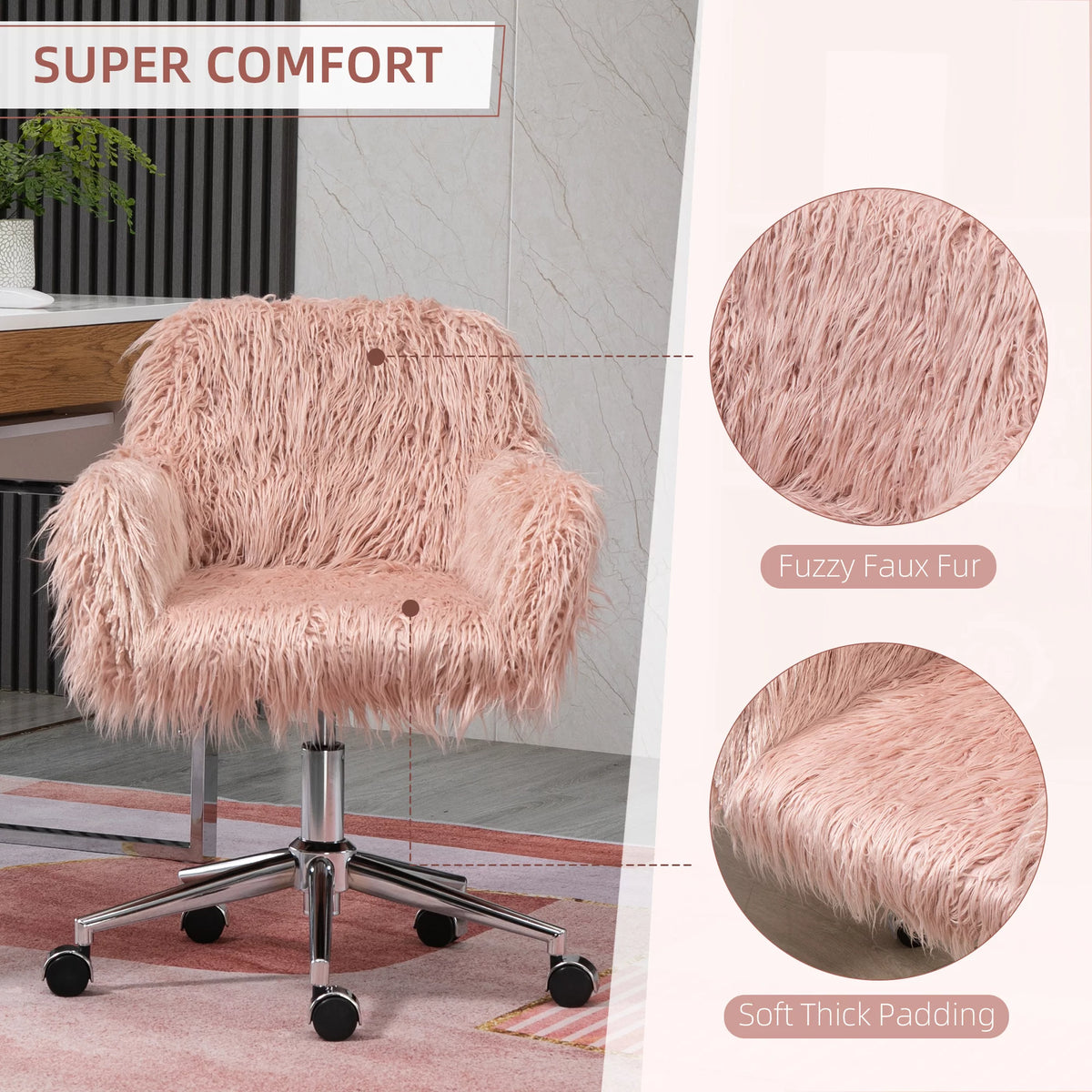 Pink Faux Fur Swivel Desk Chair with Wheels Y5716