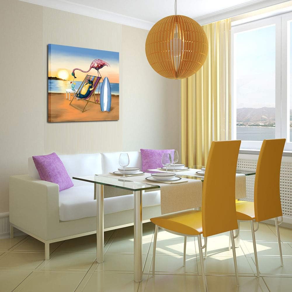 Funny Animal Flamingo and Penguin on Beach Vacation Canvas Prints Painting with Stretched Frame Wall Art 24x24inch F659