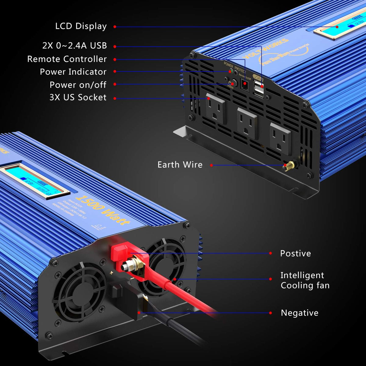 1500W Pure Sine Wave Power Inverter DC 12v to AC 110V-120V with Remote Control LCD Display O318387