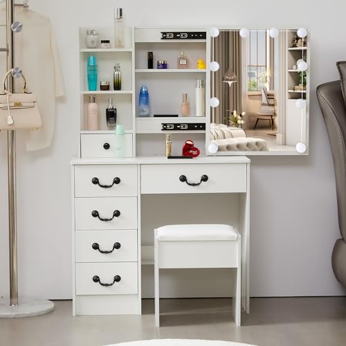 White Vanity Desk with Mirror and Light and Drawers N17686