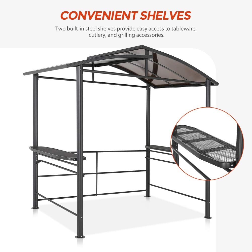 8'x5' Steel Frame Double-Tier Polycarbonate Top Grill Gazebo with Shelves L4876