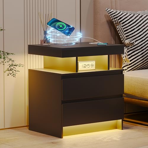 Black Nightstand with Drawers and Wireless Charging Station Z884951