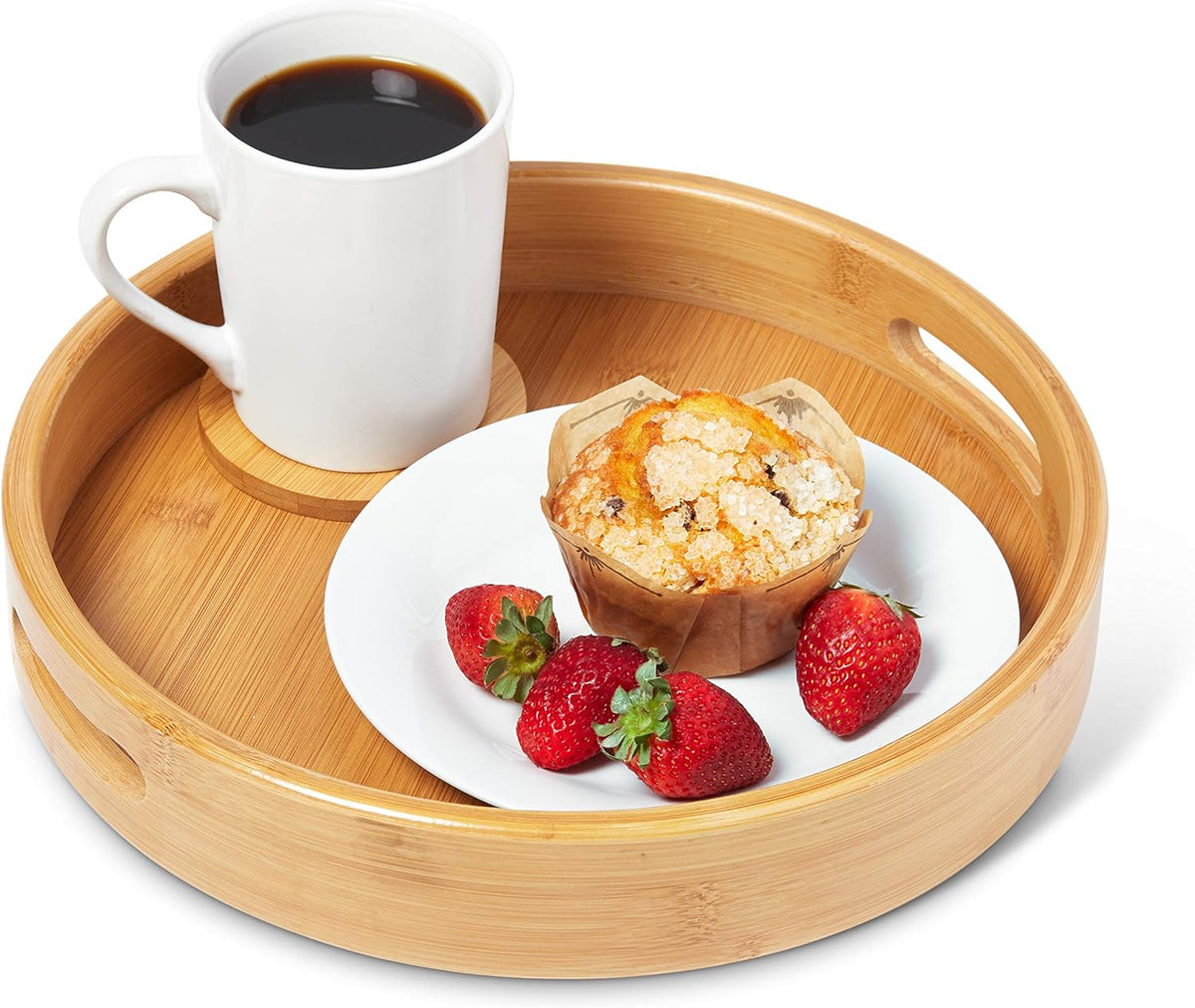 Round Wooden Ottoman Tray 12 Inches Natural Serving Tray with Handles H59024