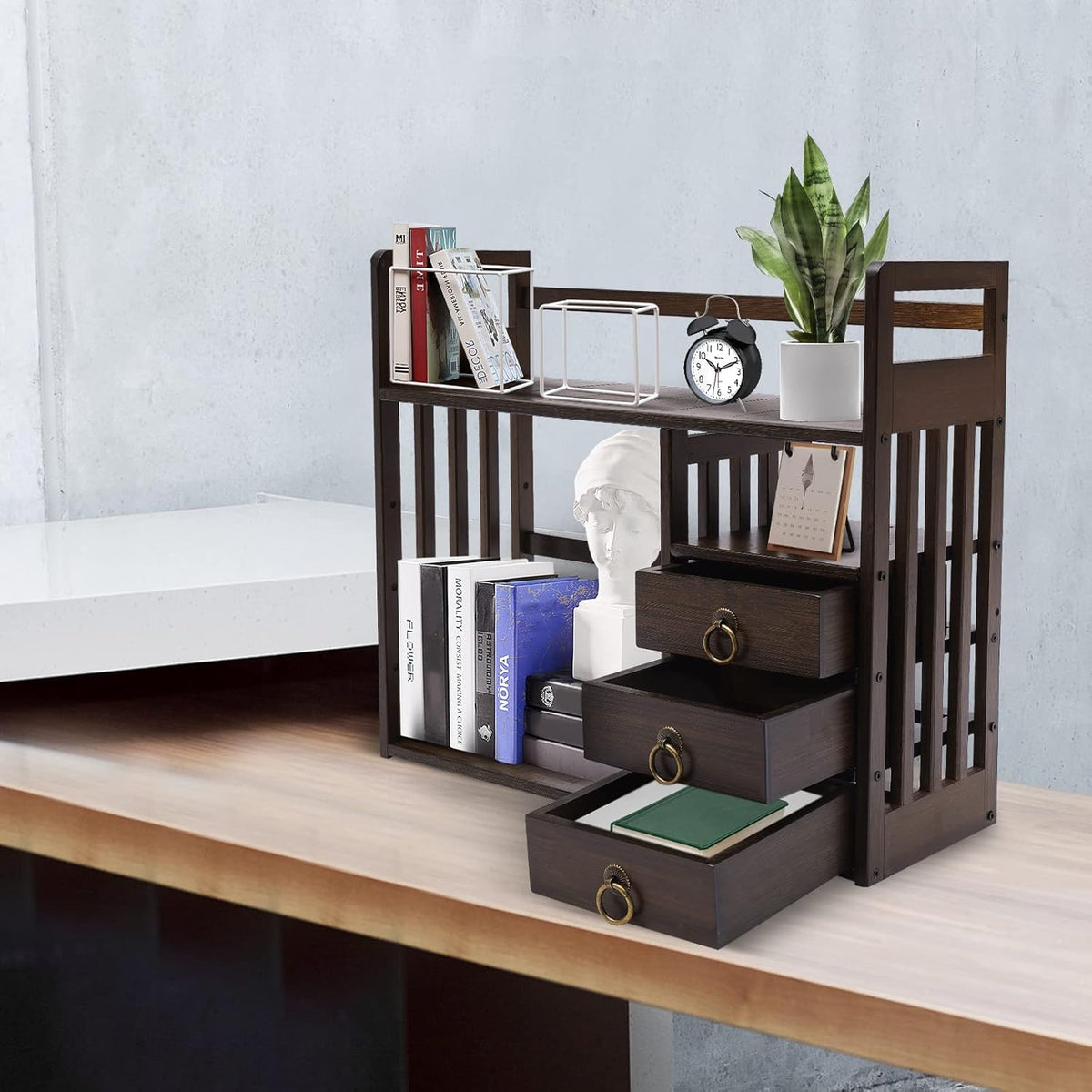 Bamboo Desk Bookshelf Organizer with Drawer, 19.7×7.5×17.7inch Q535