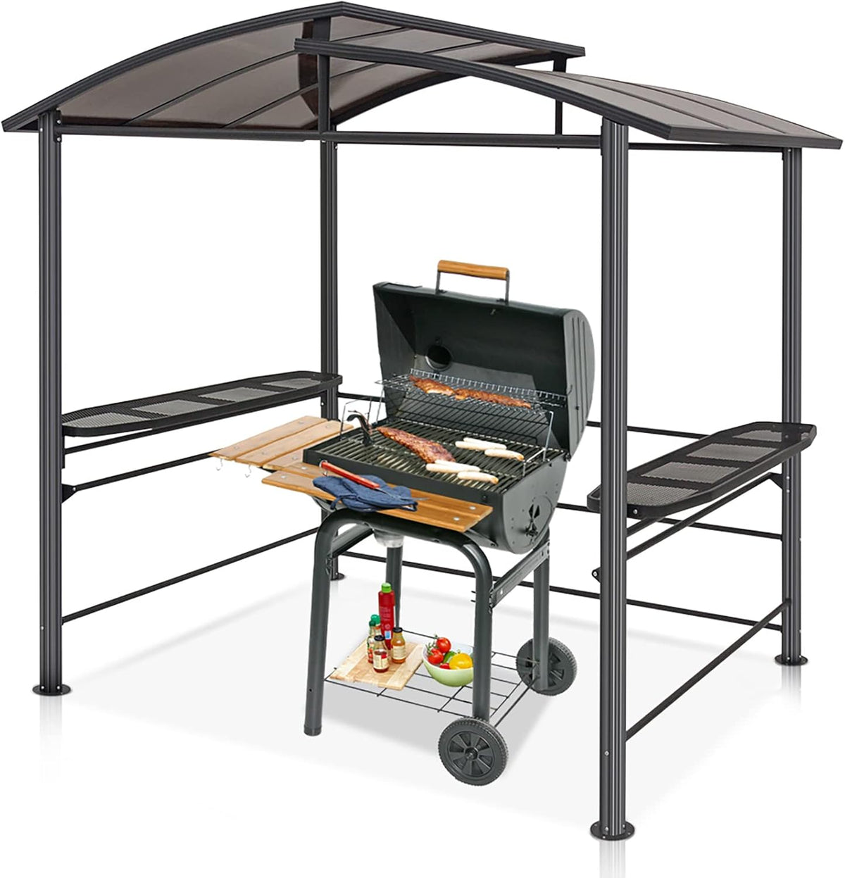 8'x5' Steel Frame Double-Tier Polycarbonate Top Grill Gazebo with Shelves L4876