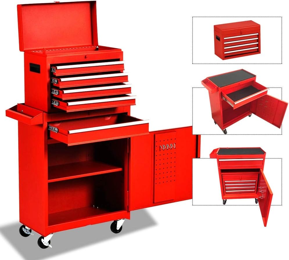 Red 5 Drawer Tool Storage Cabinet with Wheels and Lock E876741