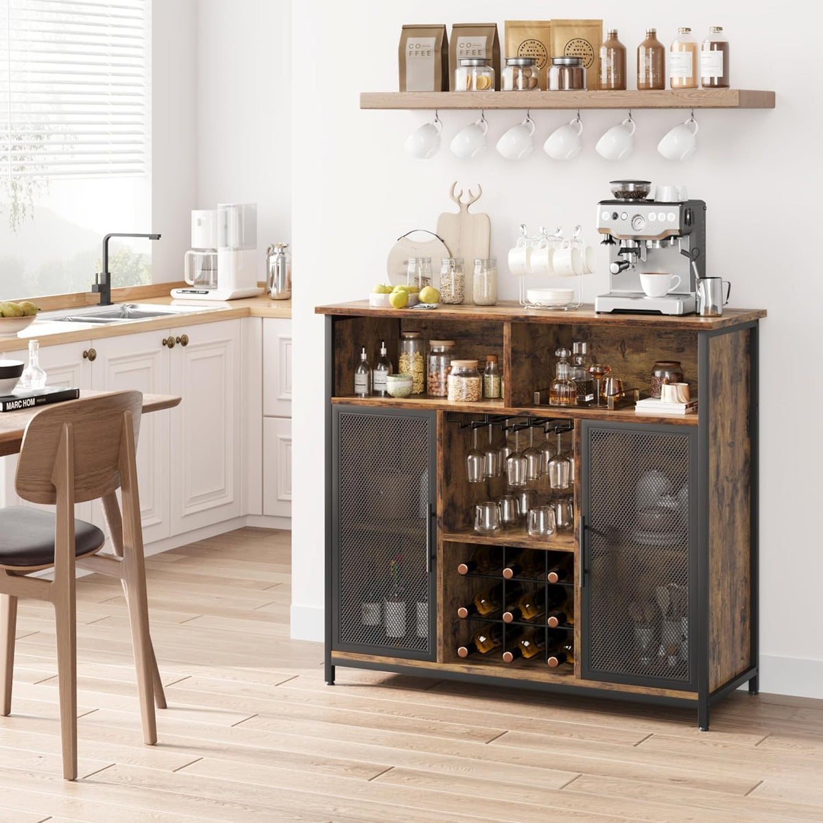 Rustic Brown Coffee Bar Cabinet with Mesh Doors and Adjustable Shelves A4067