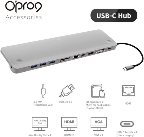 11-in-1 USB C Hub Adapter with HDMI, VGA, SD Card Reader, USB 3.0, Ethernet, Gray F890403