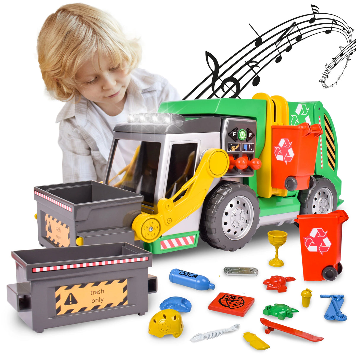 3-N-1 Garbage Truck with Lights Sounds Motorized Drive 16 Accessories D1301