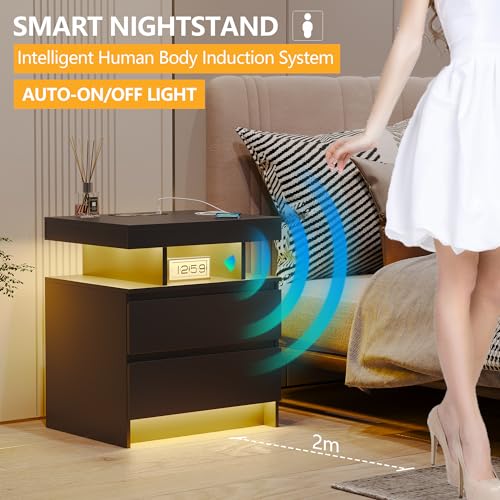 Black Nightstand with Drawers and Wireless Charging Station Z884951