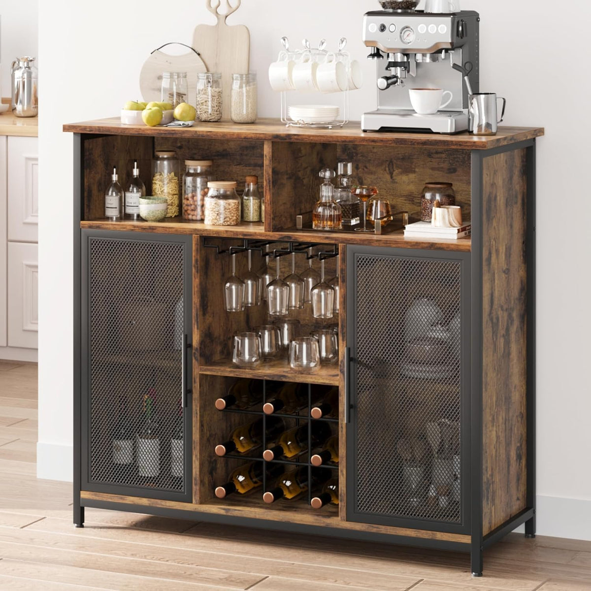 Rustic Brown Coffee Bar Cabinet with Mesh Doors and Adjustable Shelves A4067