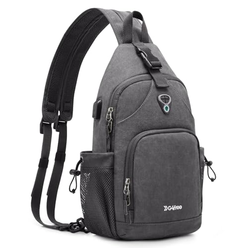 Canvas Sling Bag Crossbody Backpack with USB Charging Port (Dark Grey) O2178