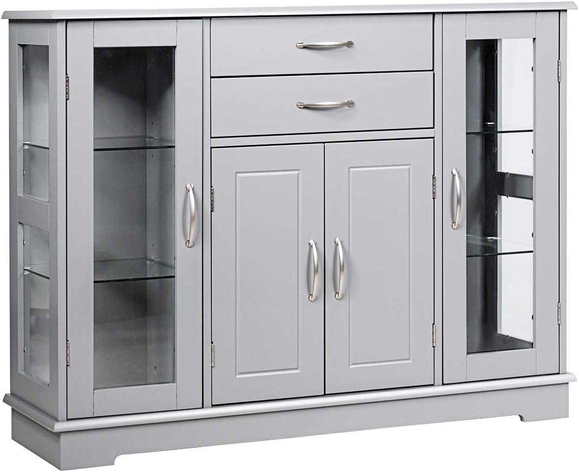 Gray Sideboard Buffet Storage Cabinet with 2 Drawers 3 Cabinets Glass Doors Z136331