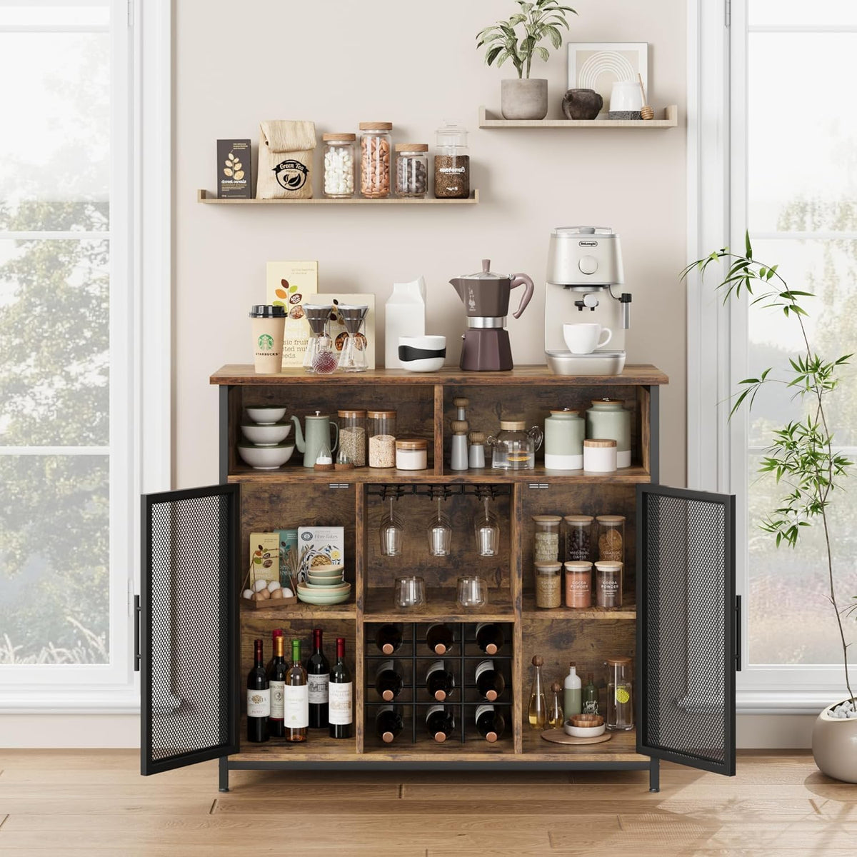 Rustic Brown Coffee Bar Cabinet with Mesh Doors and Adjustable Shelves A4067