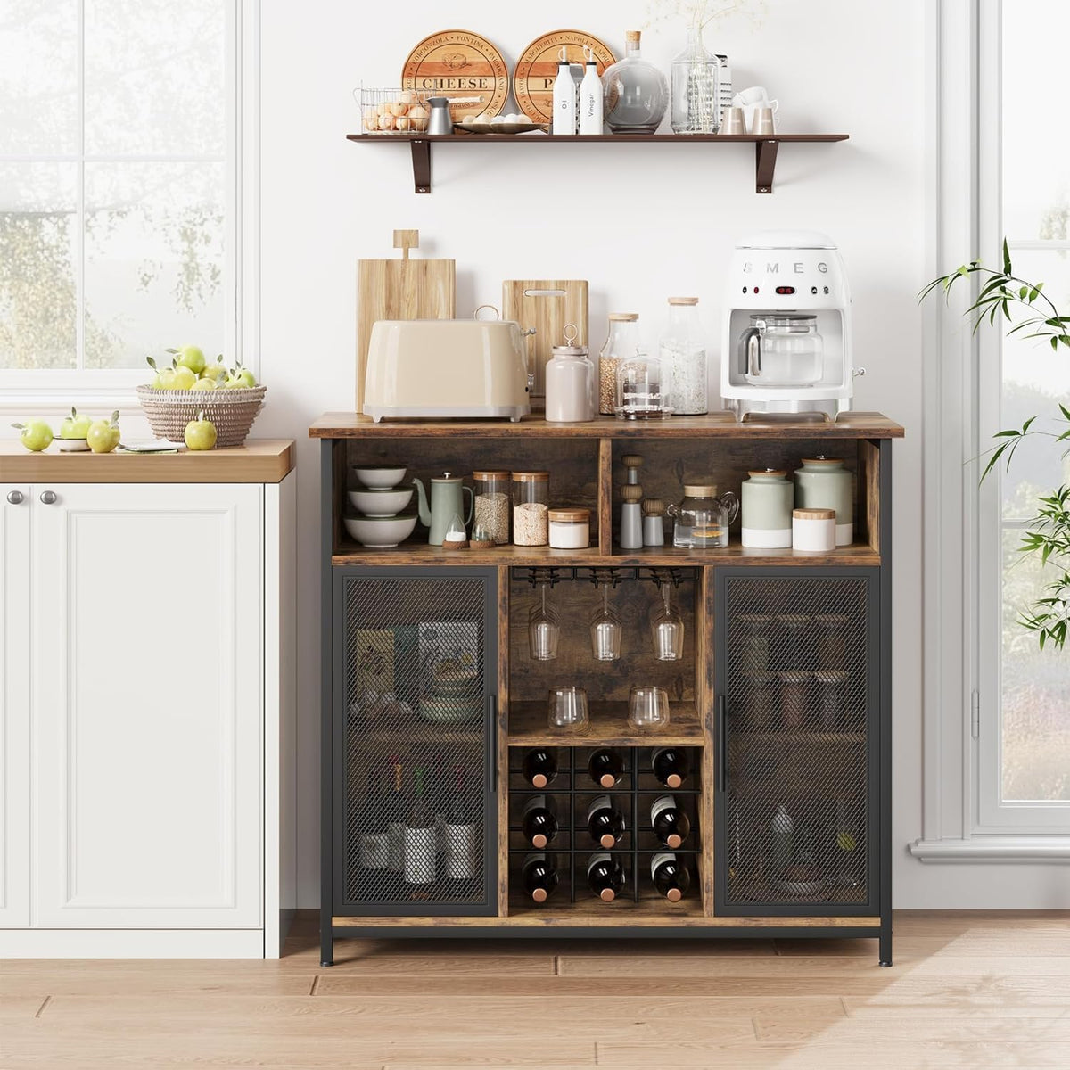 Rustic Brown Coffee Bar Cabinet with Mesh Doors and Adjustable Shelves A4067