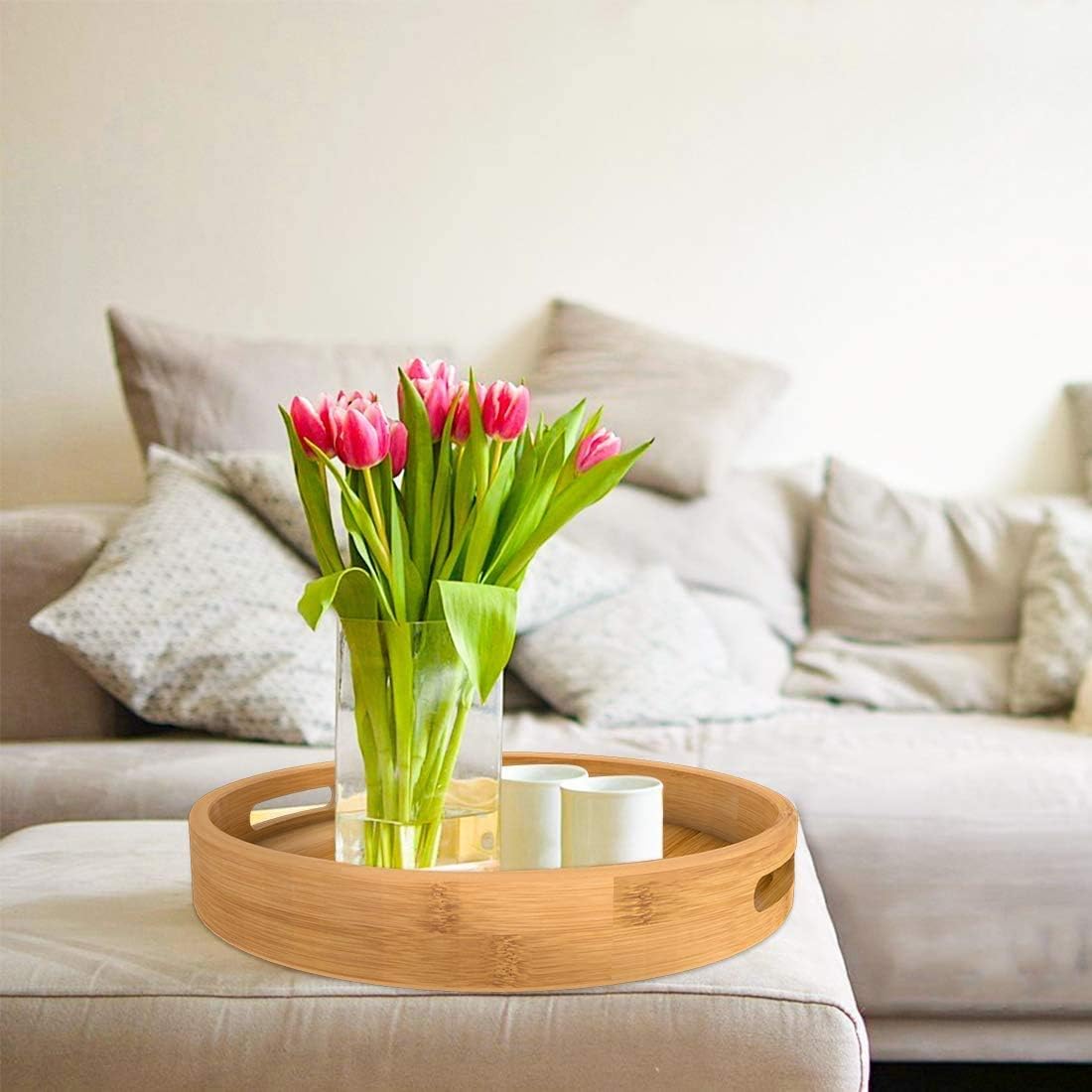 Round Wooden Ottoman Tray 12 Inches Natural Serving Tray with Handles H59024