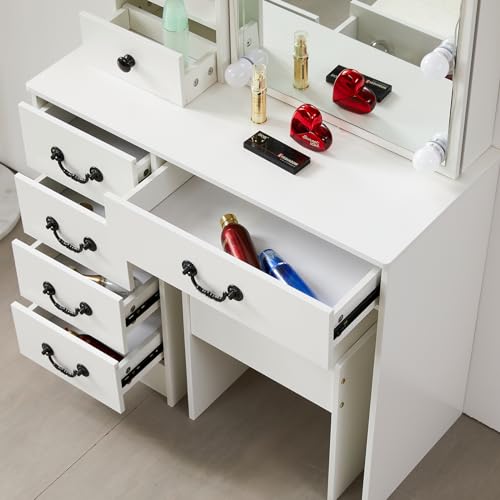 White Vanity Desk with Mirror and Light and Drawers N17686