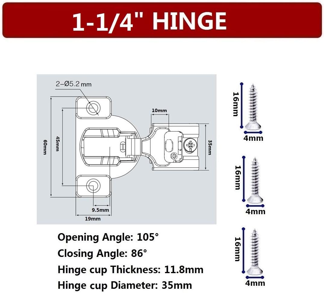 50 Pack Soft Close Cabinet Hinges, 1 1/4 Overlay, 105 Degree R964