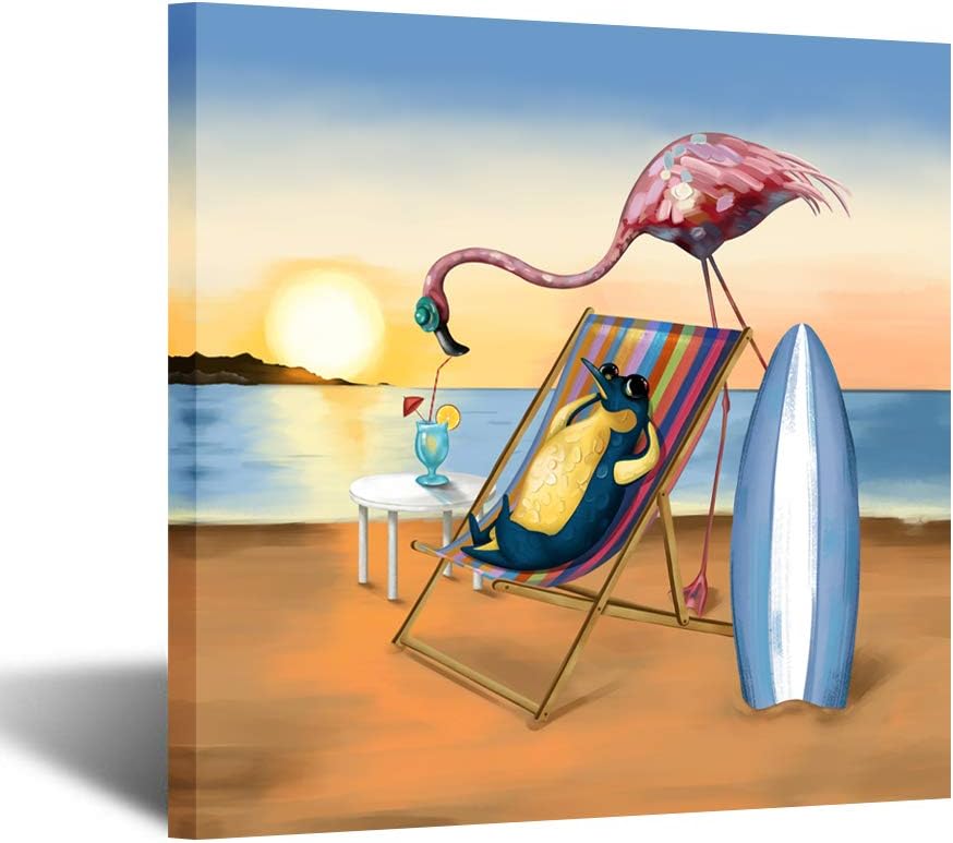Funny Animal Flamingo and Penguin on Beach Vacation Canvas Prints Painting with Stretched Frame Wall Art 24x24inch F659