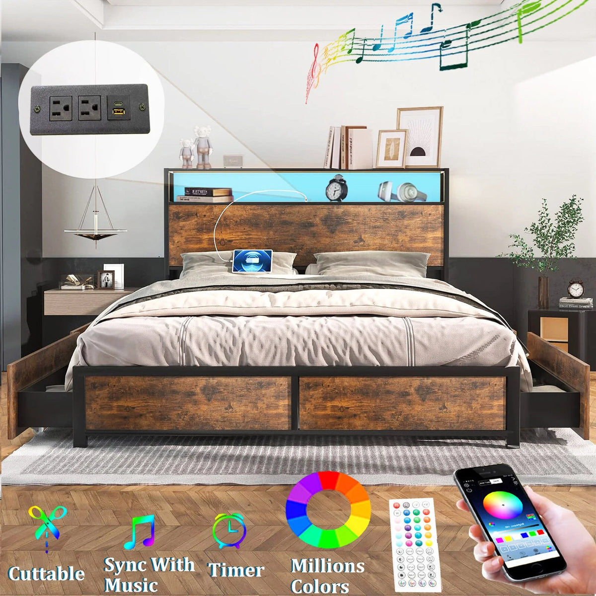 Queen Size Metal Platform Bed Frame with Storage Headboard M1909