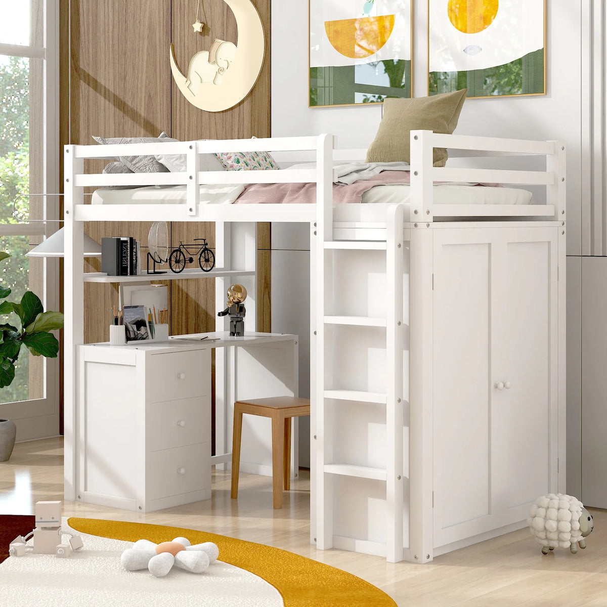 White Twin Size Wooden Loft Bed with Drawers, Desk, Wardrobe, Ladder & Safety Rails X465286